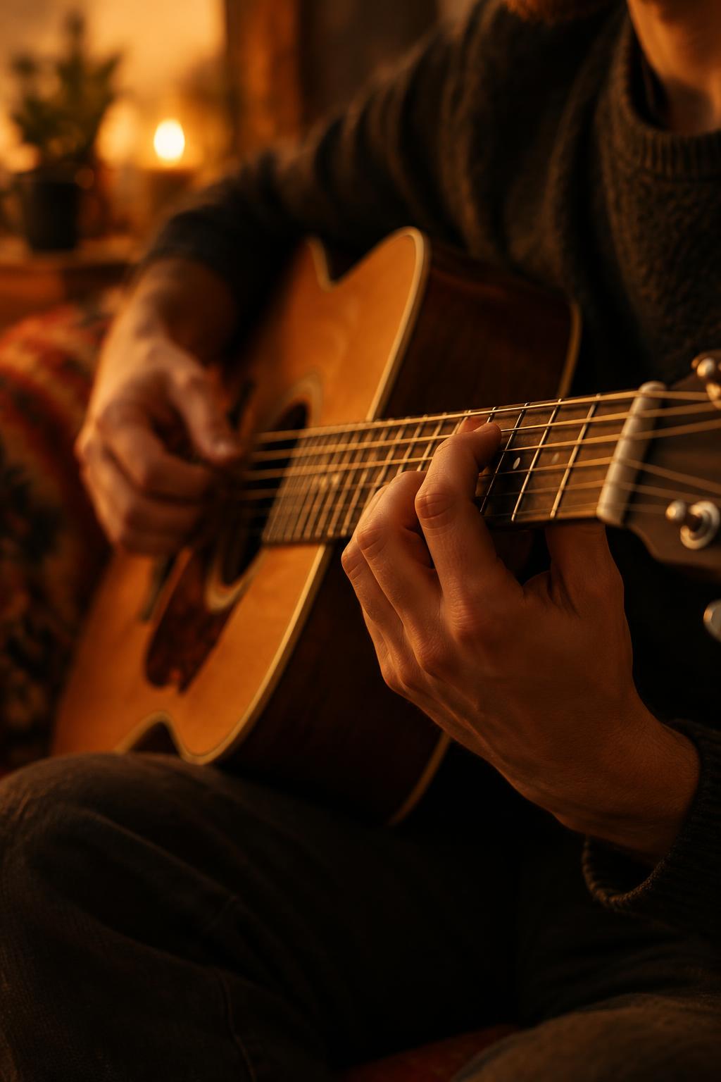 Manos tocando una guitarra acústica con luz cálida